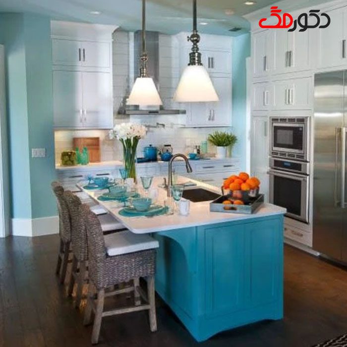 رنگ سبز آبی در دکوراسیون منزل- آشپزخانه