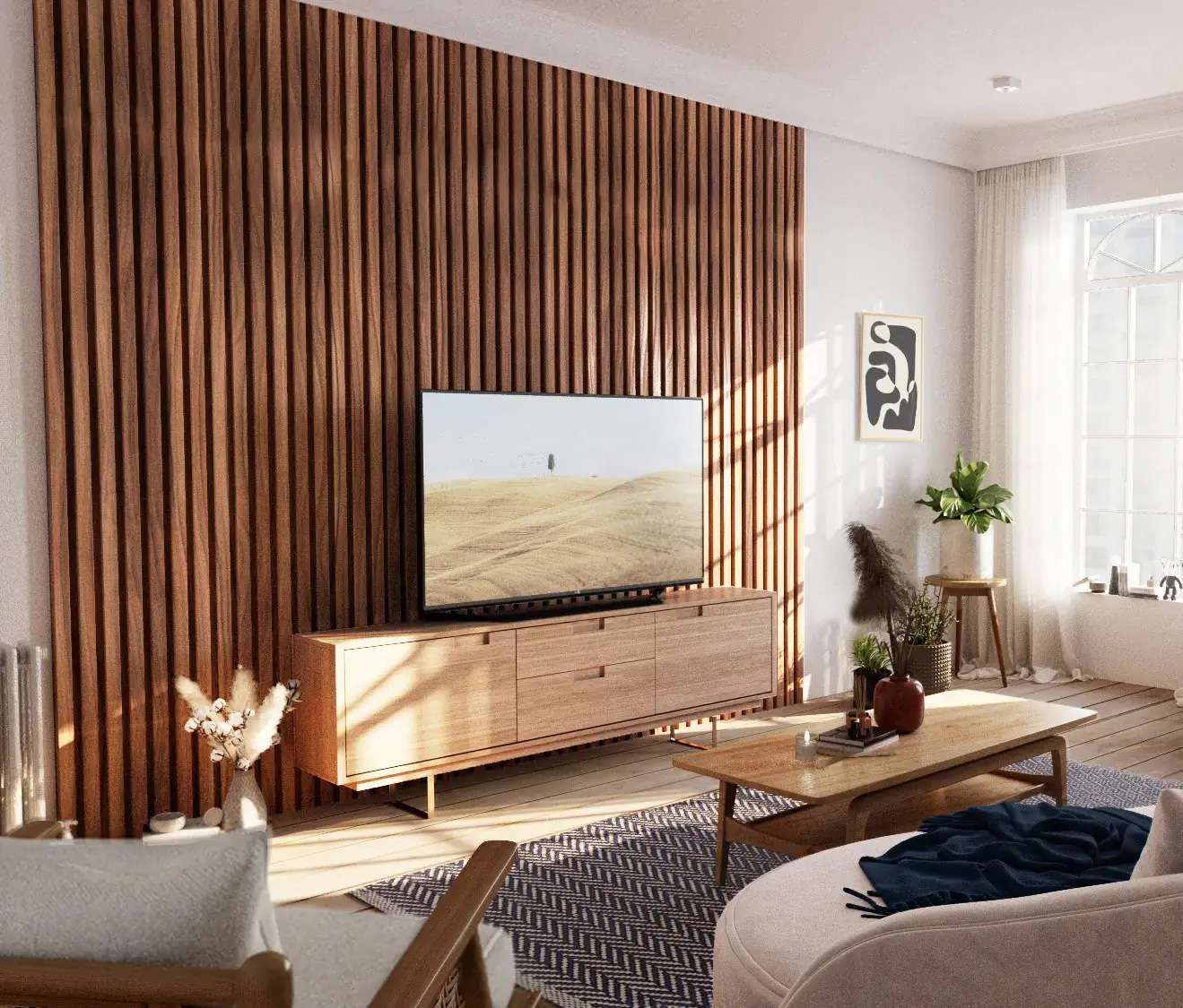 تزیینات دیوار تلویزیون با دکور چوبی