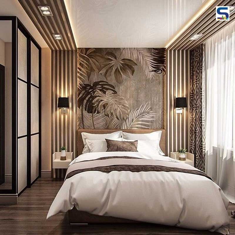 استفاده از لوستر دیواری و هالوژن های سقفی در اتاق خواب با دیوارپوش چوبی مدرن
