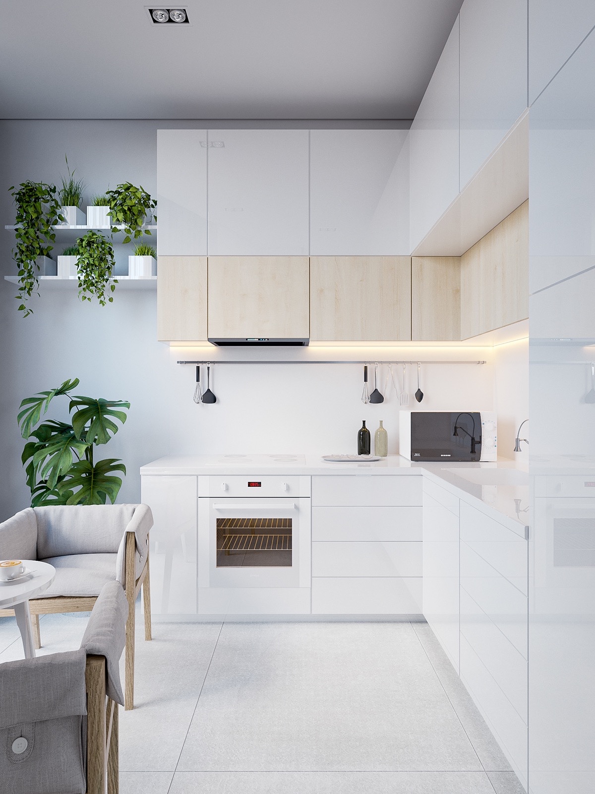 کابینت های سفید در طراحی داخلی آشپزخانه به سبک مینیمال