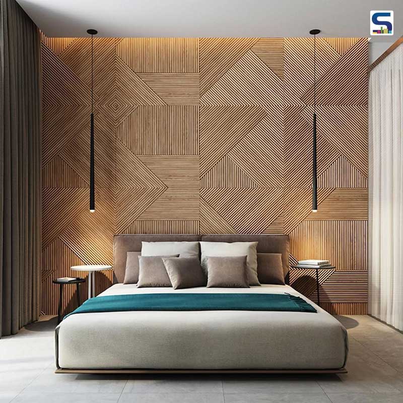 لوستر آویز مدرن در اتاق خواب با دیوارپوش چوبی مدرن