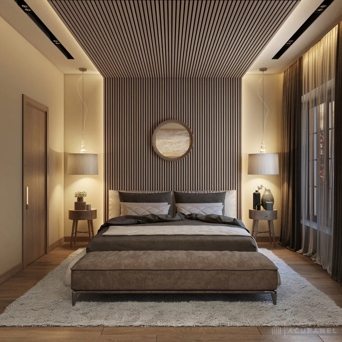 لوستر آویز مدرن در اتاق خواب با دیوارپوش چوبی مدرن