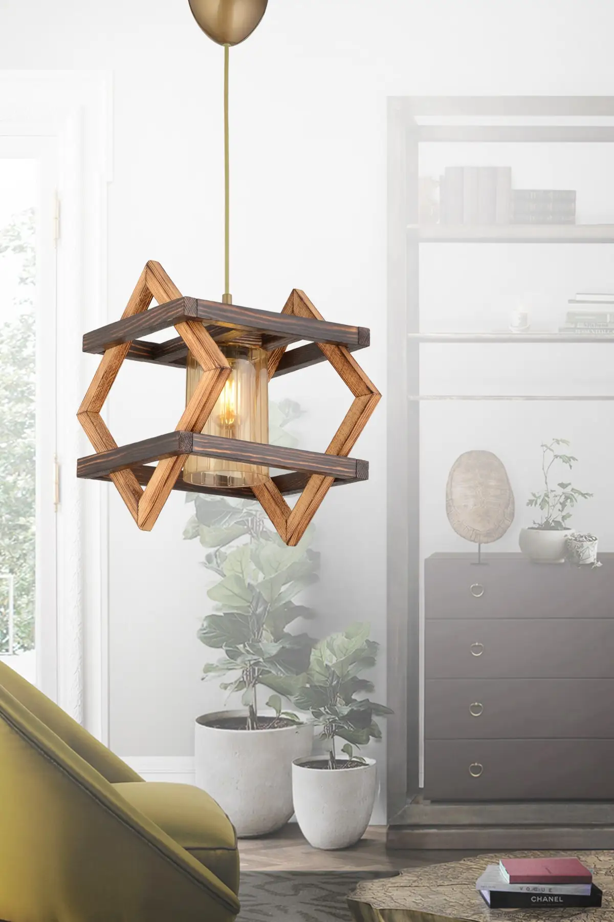 لوستر چوبی برای کافه با طرح هندسی 