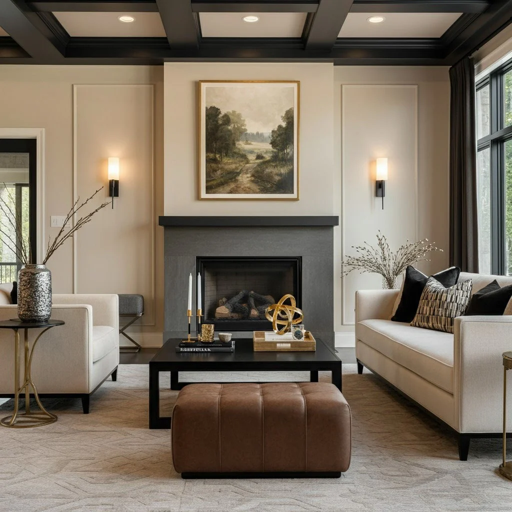 دکوراسیون اتاق نشیمن مدرن کلاسیک با جزئیات ذغالی