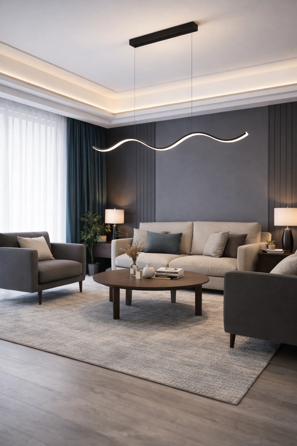 نصب لوستر خطی در اتاق نشیمن مدرن