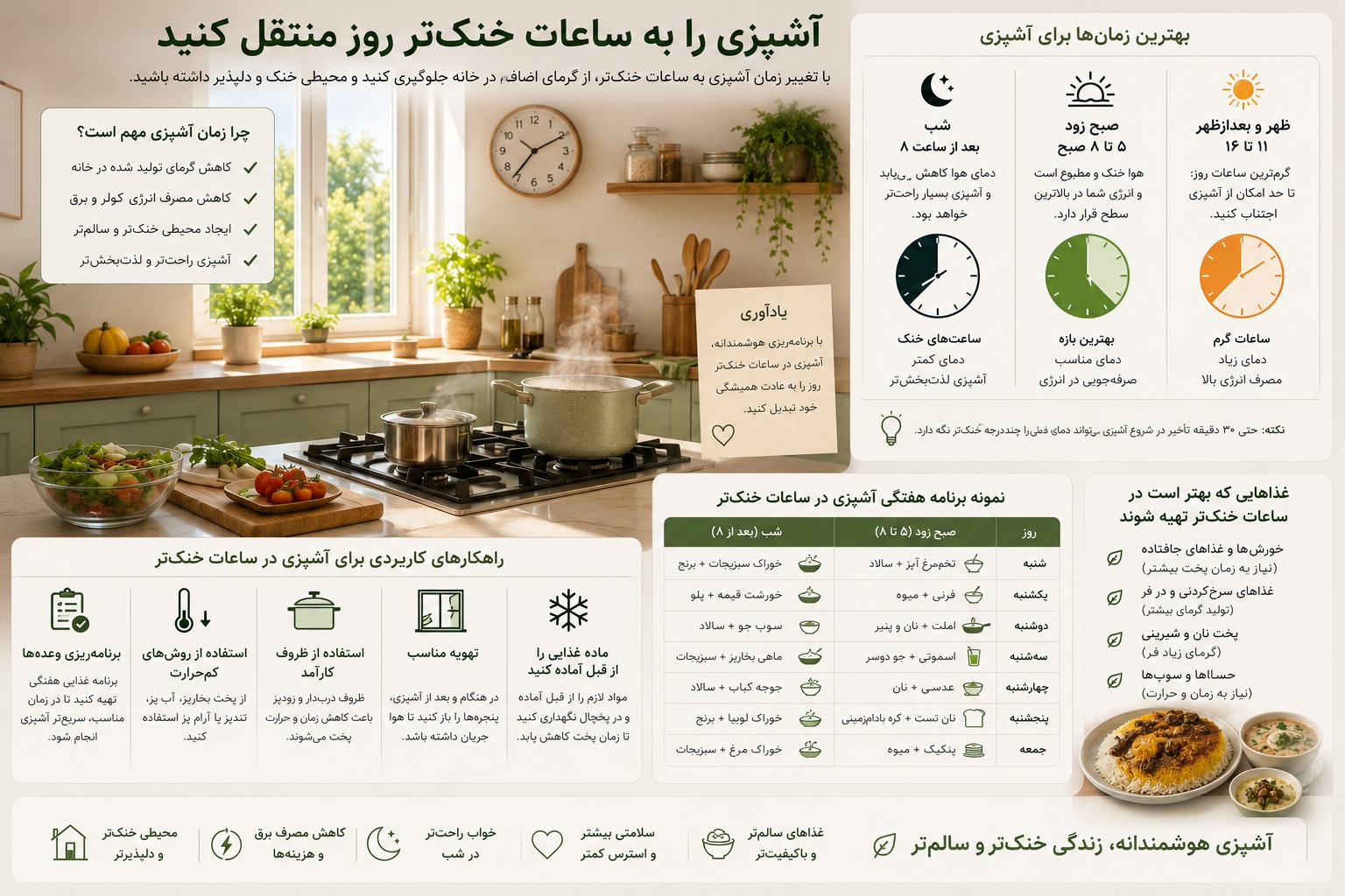 آشپزی را به ساعات خنک تر روز منتقل کنید
