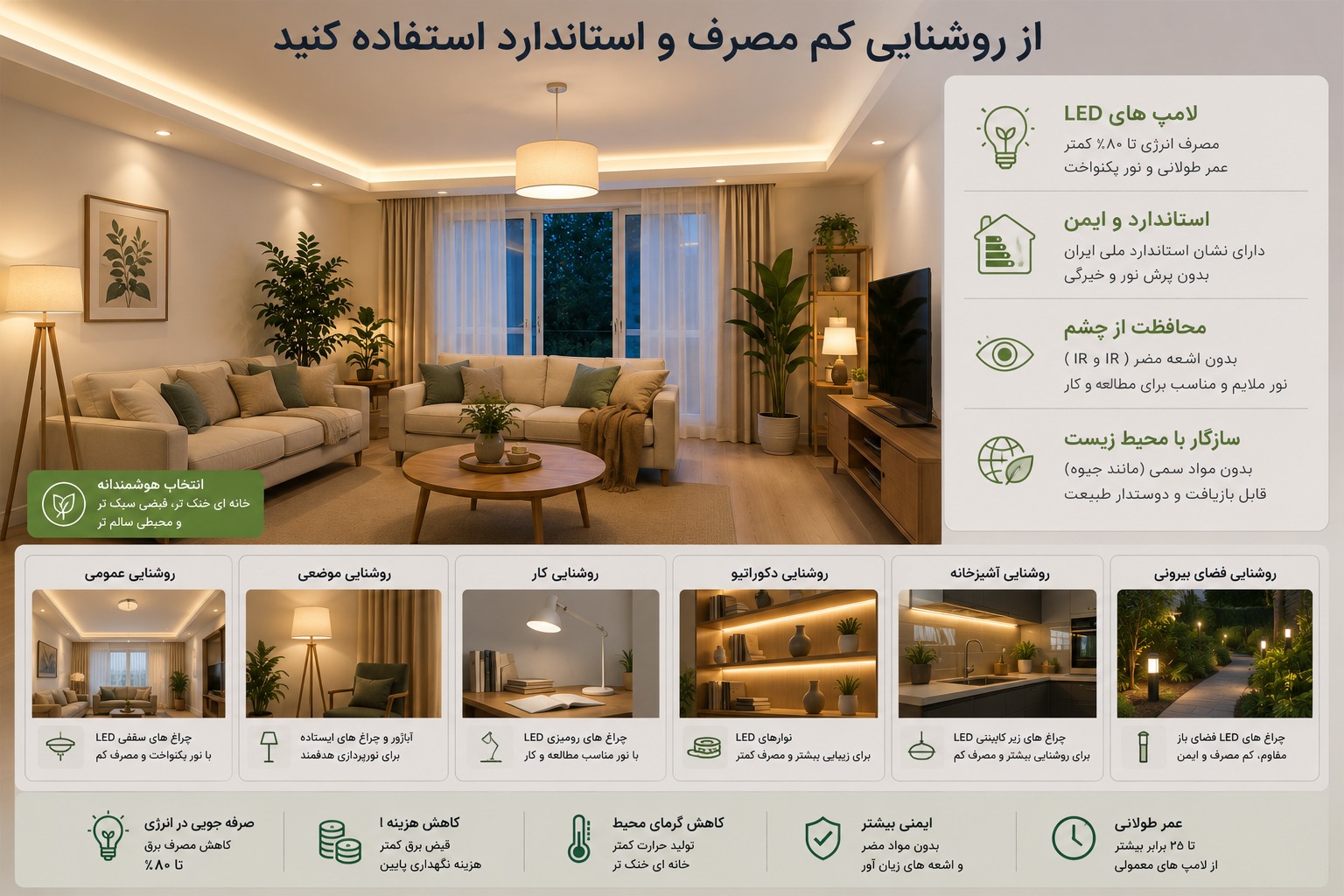 از روشنایی کم مصرف و استاندارد استفاده کنید
