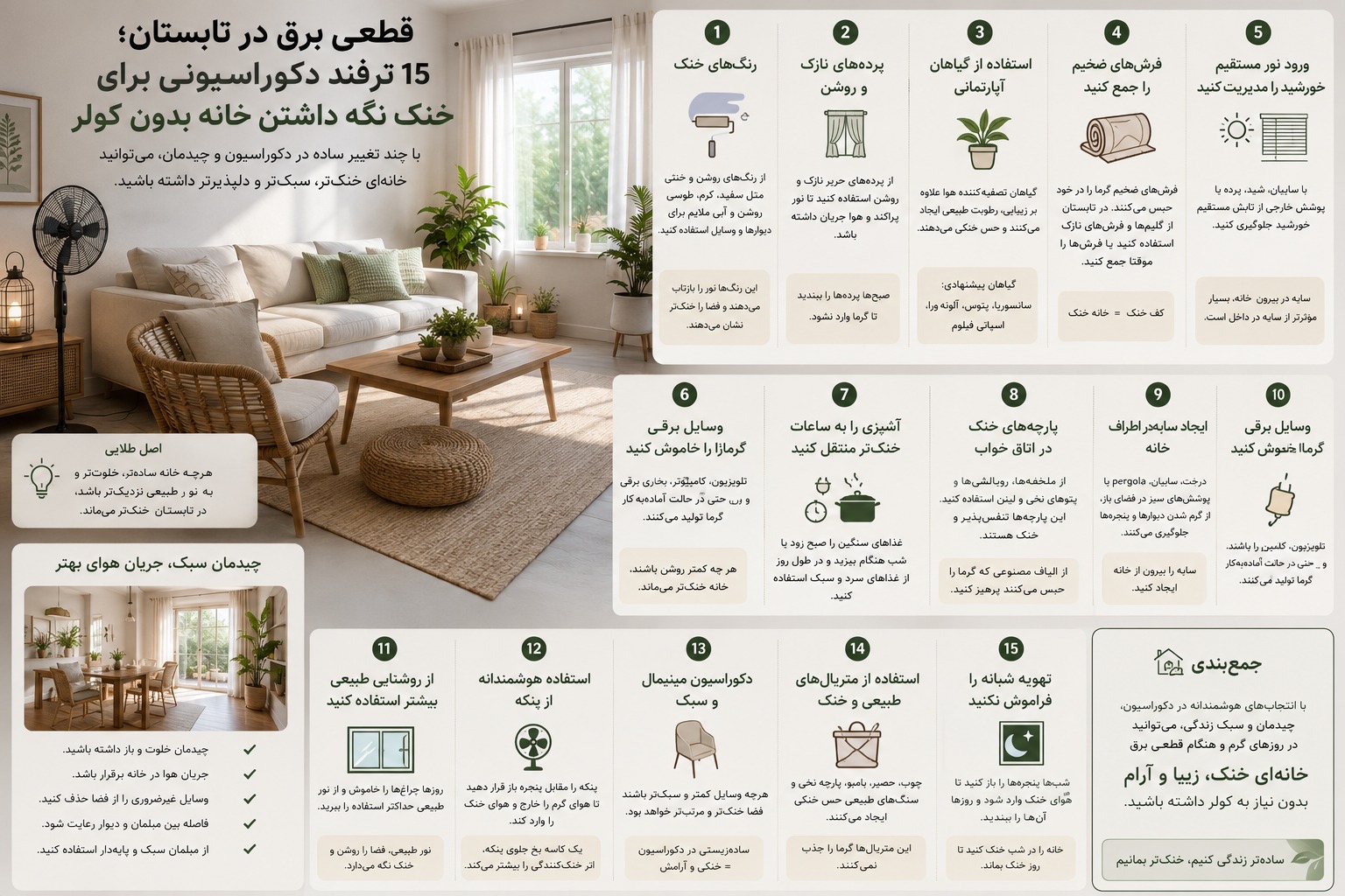 ۱۵ ترفند دکوراسیونی برای خنک نگه داشتن خانه بدون کولر